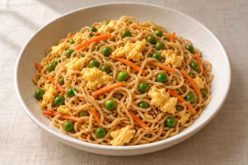Bratnudeln mit Erbsen und Ei